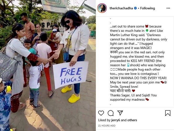 Richa chadda hugs people