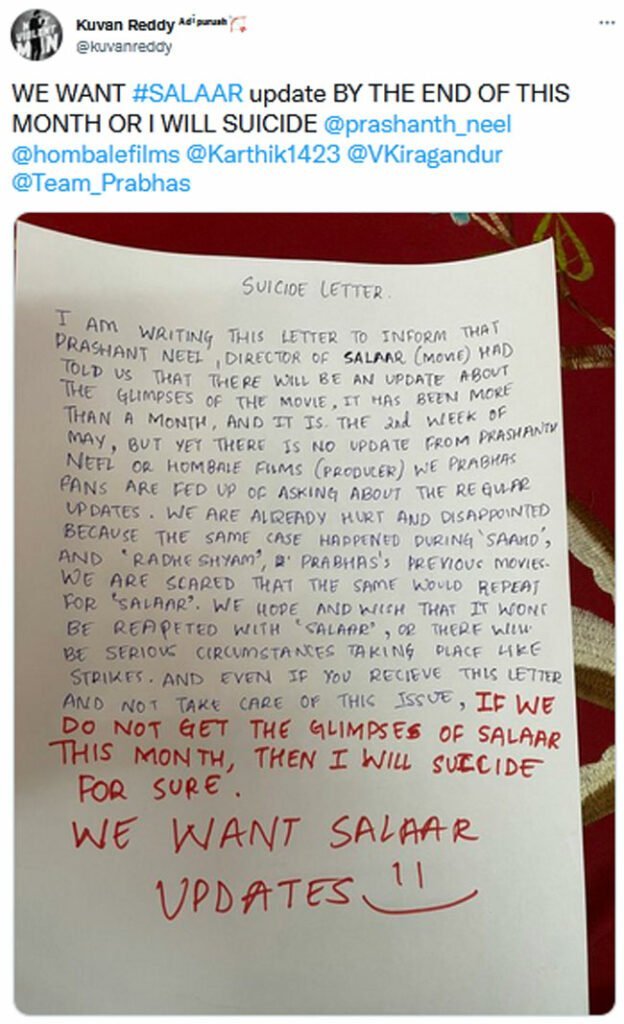 Prabhas Fan Writes Suicide Note