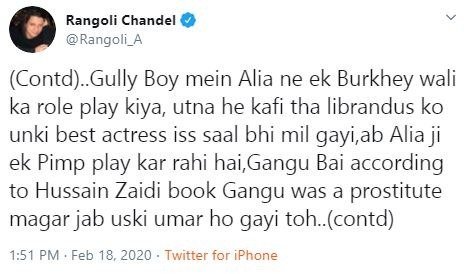 Rangoli chandel Slams Alia Bhatt