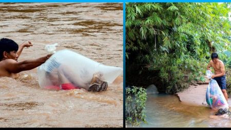 Man Transporting Students In Plastic Bags Through Muddy River Going Viral